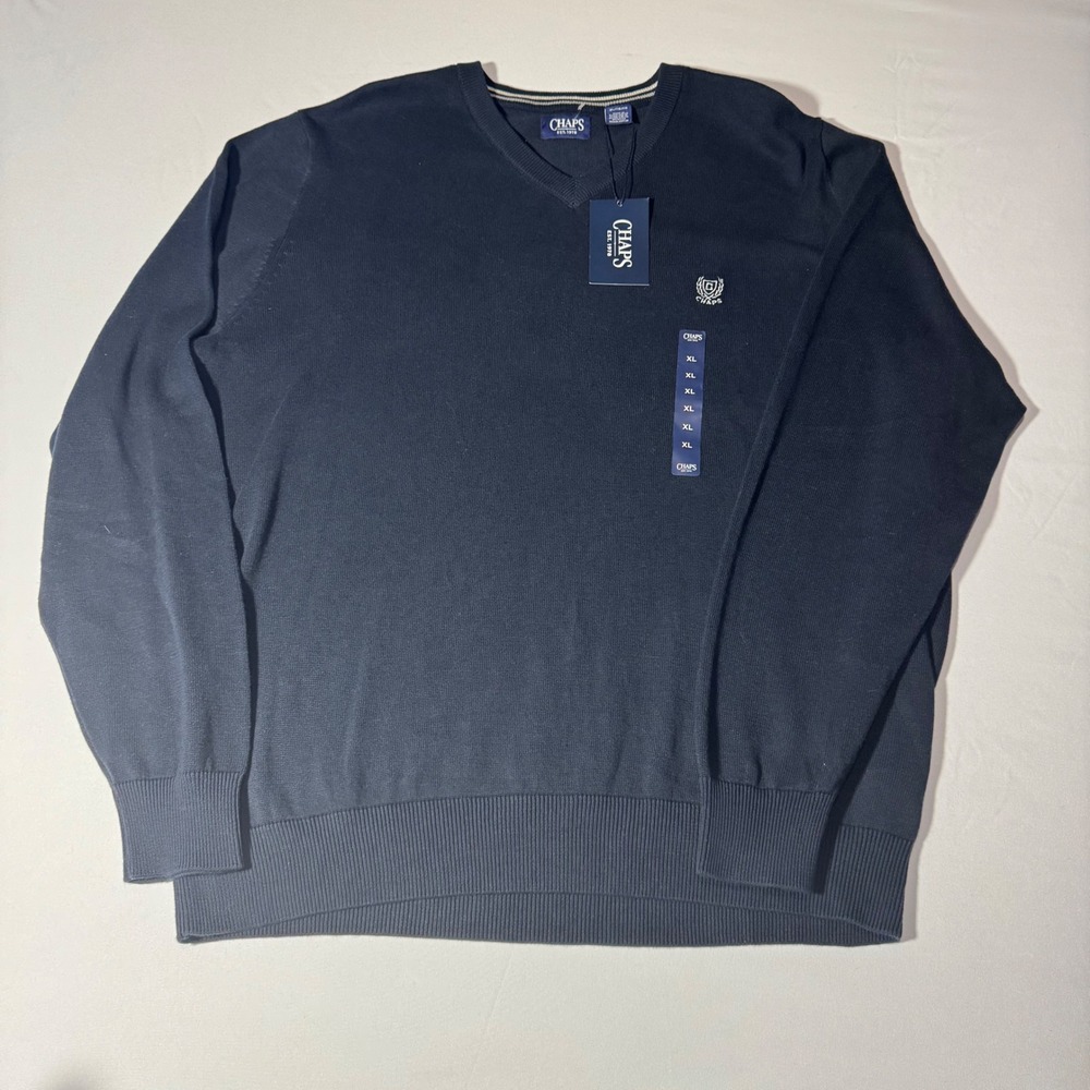 Chaps Mens V-Neck Sweater Newport Navy Blue Cotton Knit Crest Logo XL CM335E112